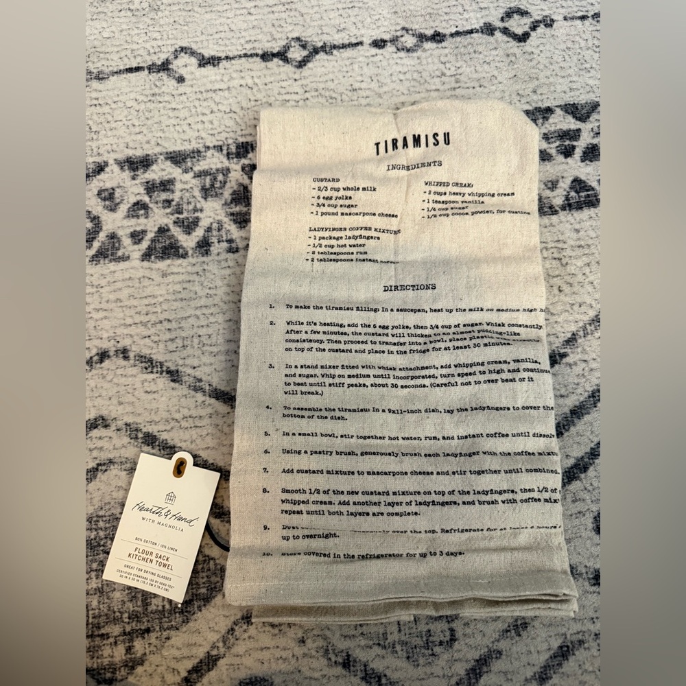 NWT, Tiramisu Recipe Flour Sack Kitchen Towel